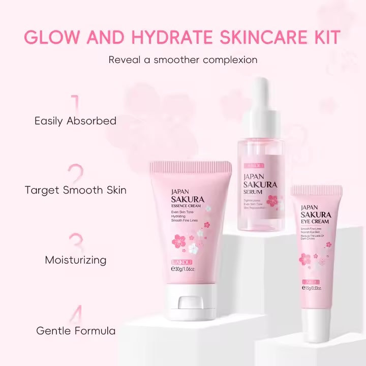 LAIKOU Sakura Facial Set Skin Care Moisturizing Reduce Fine Lines Brighten Eye Cream Serum Face Cream Skin Tone Face Care 3Pcs