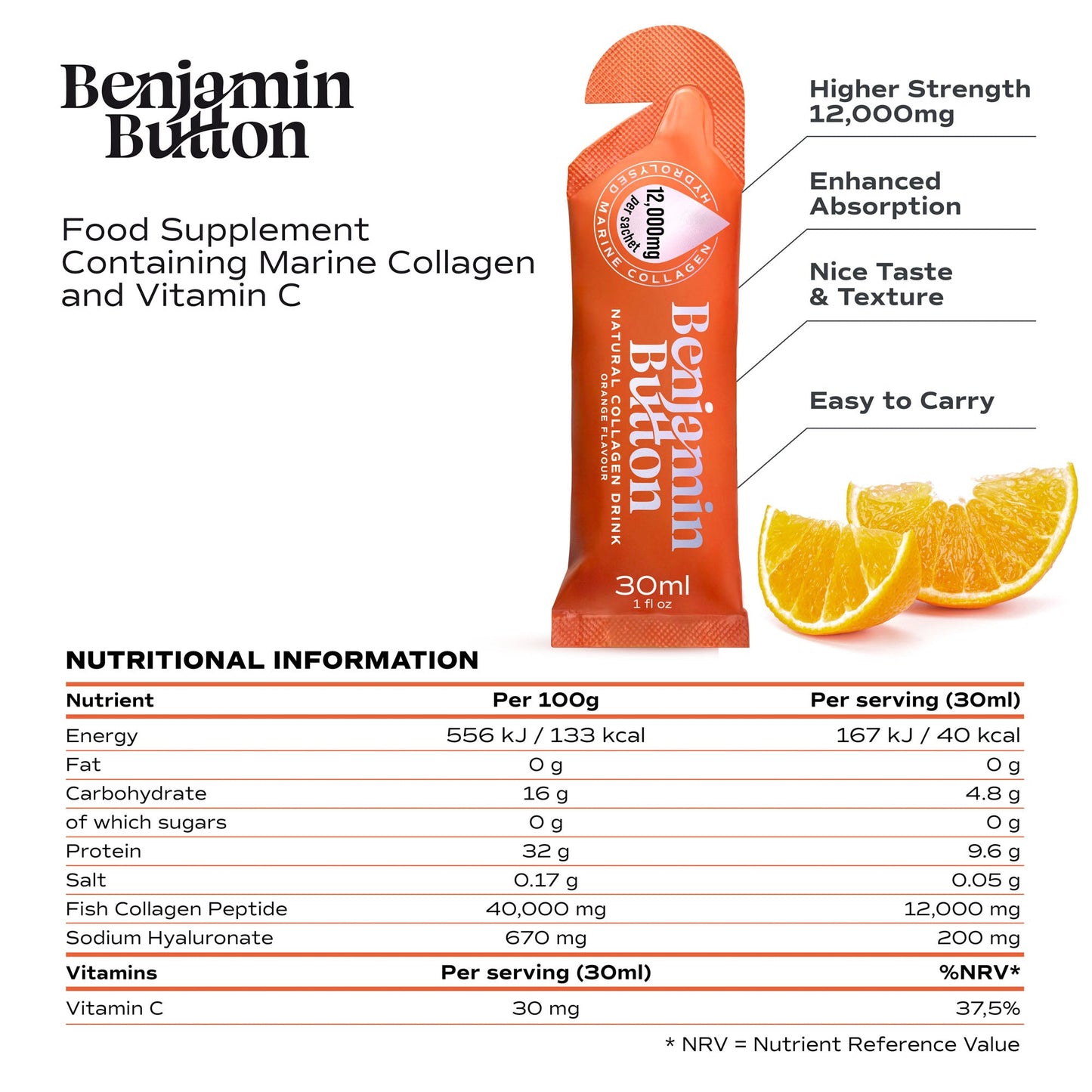 14x Orange 12,000mg Marine Collagen Liquid Sachets