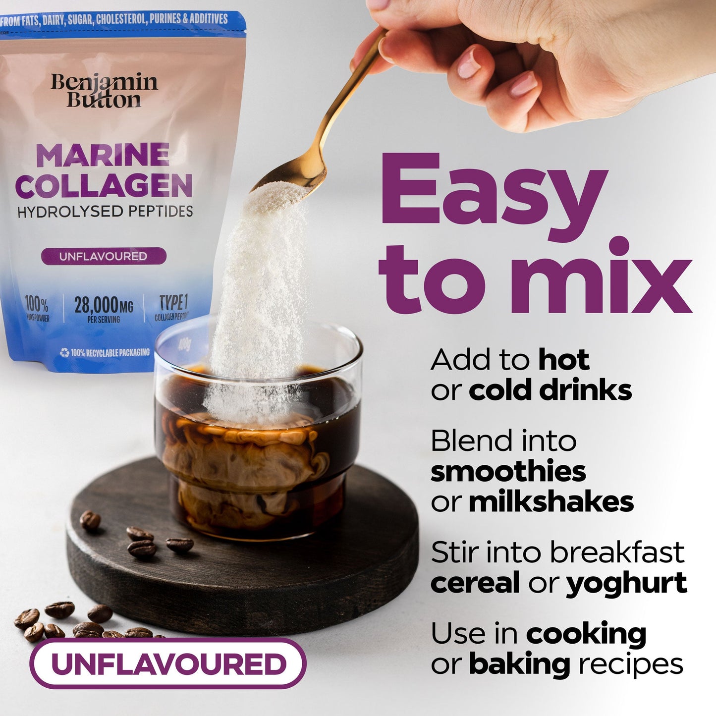 Marine Collagen Powder – 93% Protein, Wild-Caught, 400g Unflavoured | Benjamin Button