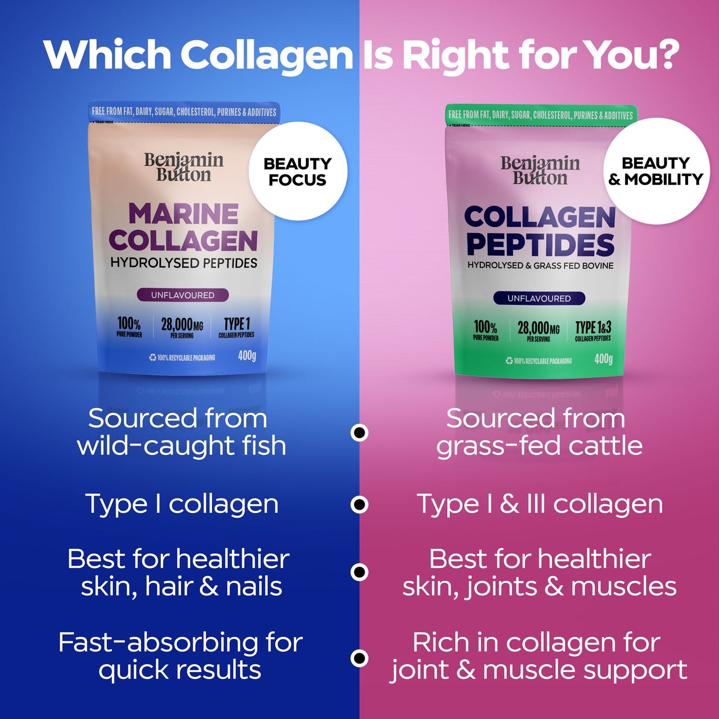 Marine Collagen Powder – 93% Protein, Wild-Caught, 400g Unflavoured | Benjamin Button