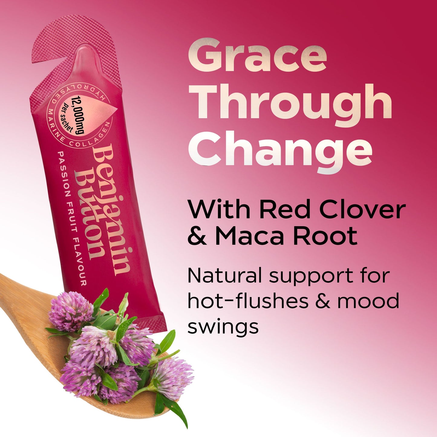 Menopause Collagen Passionfruit Sachets – 14 Pack (2 Weeks Supply) – 12,000mg Marine Collagen with Red Clover, Vitamins & Maca