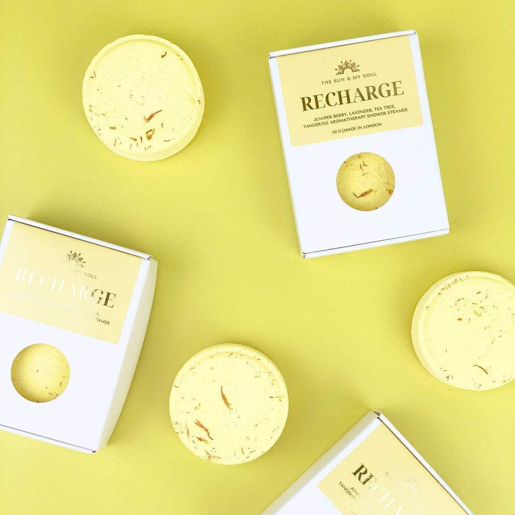 Recharge Aromatherapy Shower Steamer in Box - Juniper Berry, Lavender, Tea Tree, Tangerine and Safflower Petals