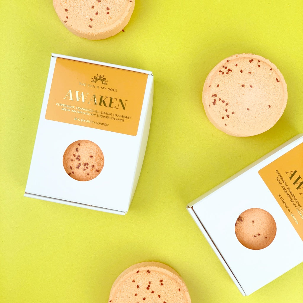 Awaken Aromatherapy Shower Steamer in Box - Peppermint, Frankincense, Lemon and Cranberry Seeds