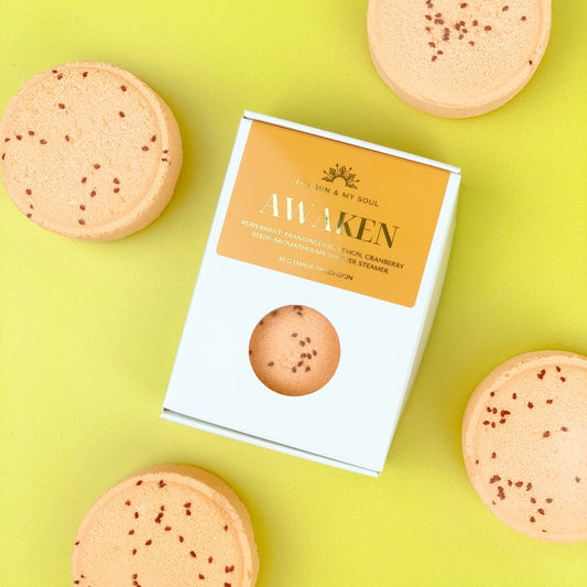 Awaken Aromatherapy Shower Steamer in Box - Peppermint, Frankincense, Lemon and Cranberry Seeds