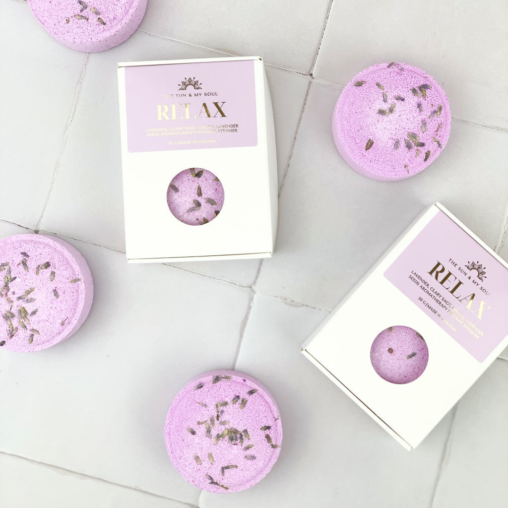Relax Aromatherapy Shower Steamer in Box - Clary Sage, Lemon, Lavender and Lavender Seeds