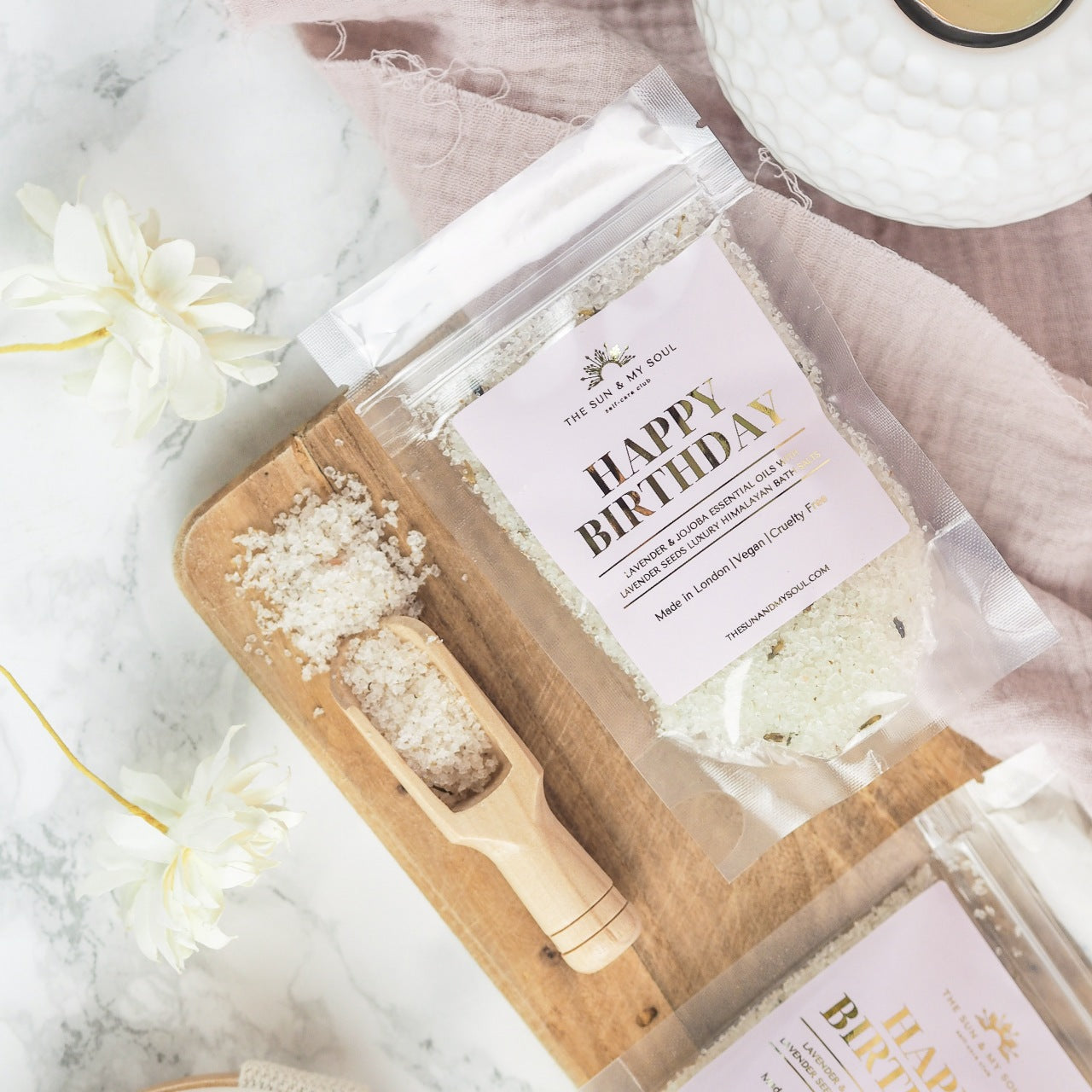 Happy Birthday Luxury Himalayan Bath Salts with Lavender, Jojoba Essential Oils with Lavender Seeds