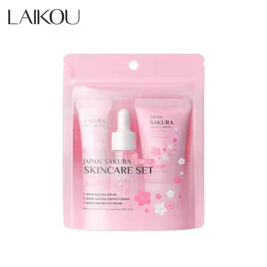 LAIKOU Sakura Facial Set Skin Care Moisturizing Reduce Fine Lines Brighten Eye Cream Serum Face Cream Skin Tone Face Care 3Pcs