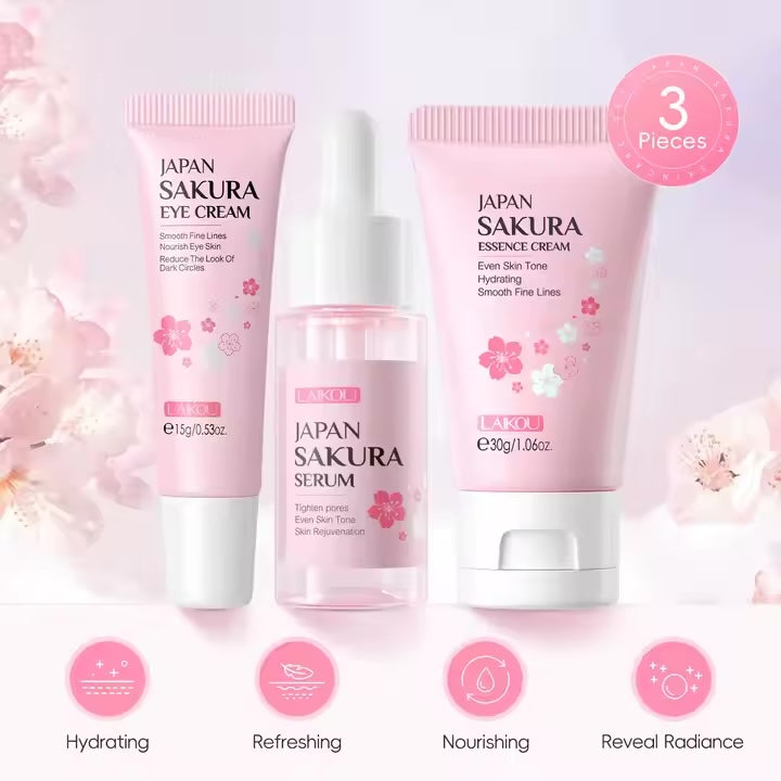 LAIKOU Sakura Facial Set Skin Care Moisturizing Reduce Fine Lines Brighten Eye Cream Serum Face Cream Skin Tone Face Care 3Pcs