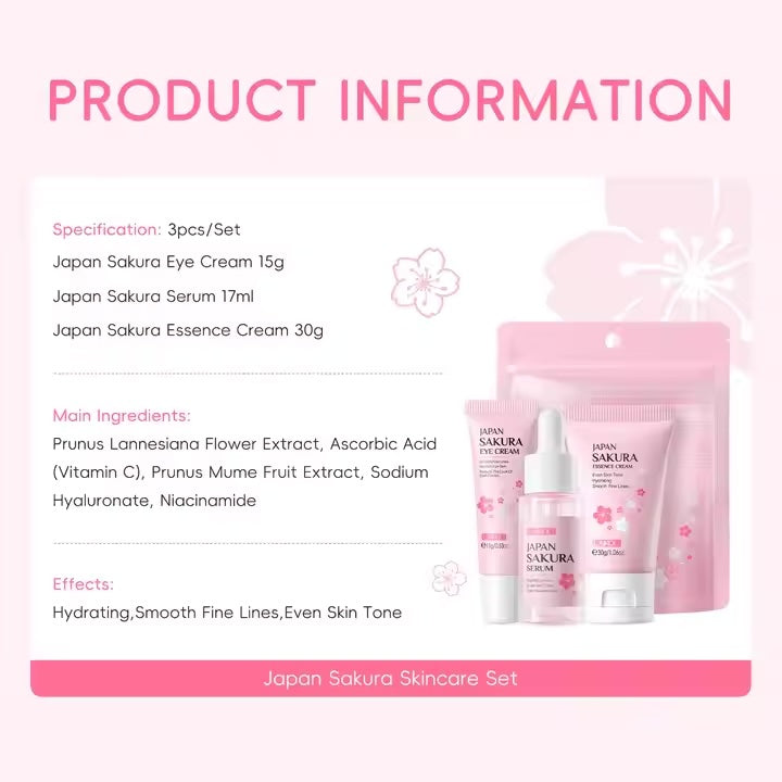 LAIKOU Sakura Facial Set Skin Care Moisturizing Reduce Fine Lines Brighten Eye Cream Serum Face Cream Skin Tone Face Care 3Pcs