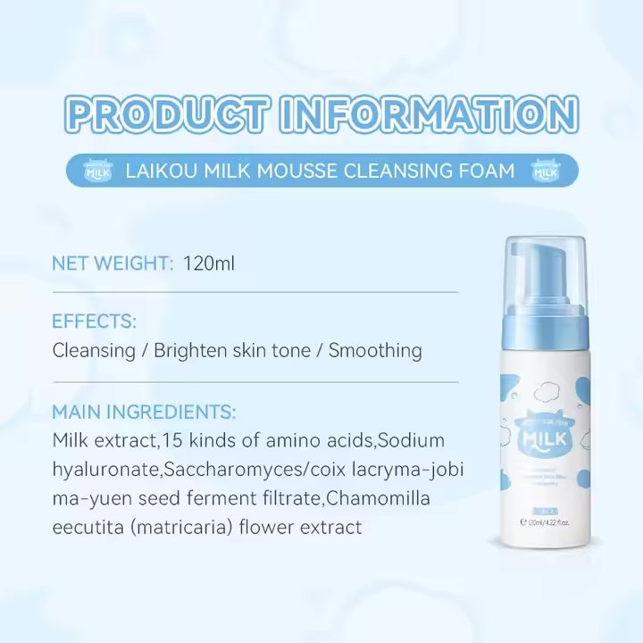 LAIKOU Milk Mousse Cleansing Facial Cleanser Brightening Moisturizing Face Foam 120ml